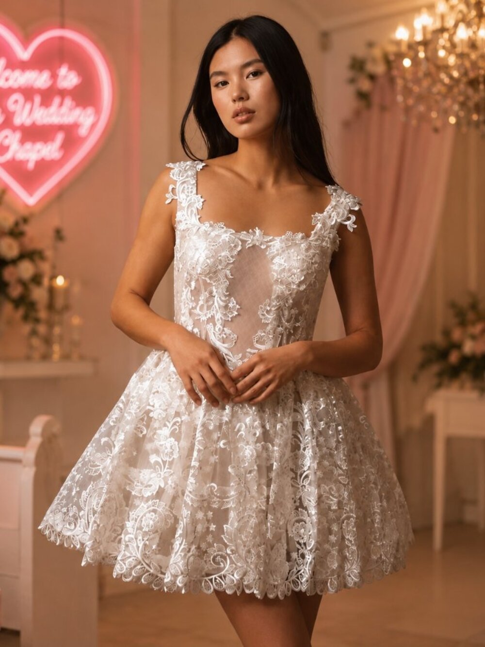 BHLDN White Lace A-Line Mini Bridal Hoop Skirt And Corset Dress NWT